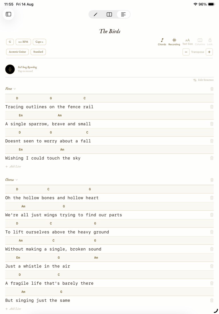 Fair Copy view with typed lyrics and chords