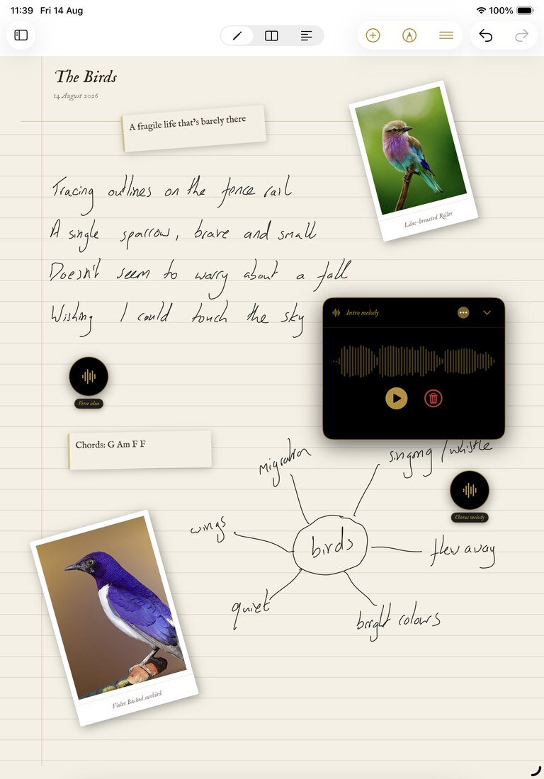 Sketch page with handwriting, a photo and a voice note