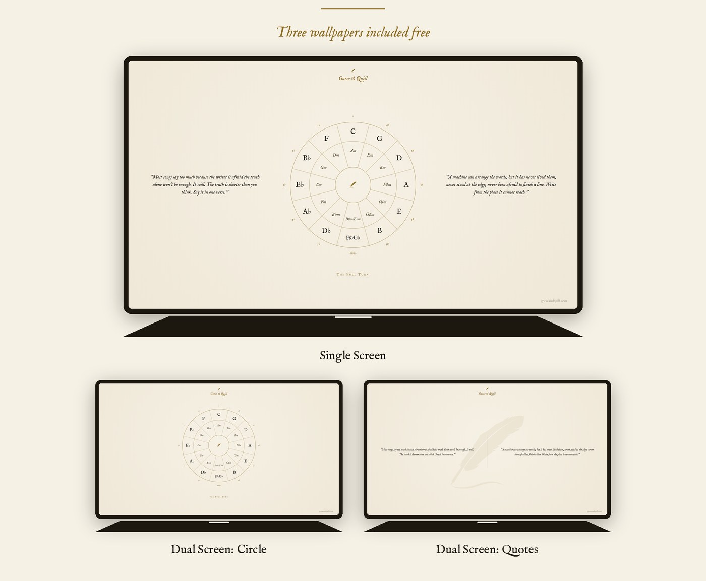 The Full Turn desktop wallpapers shown on a single screen and a dual-monitor setup